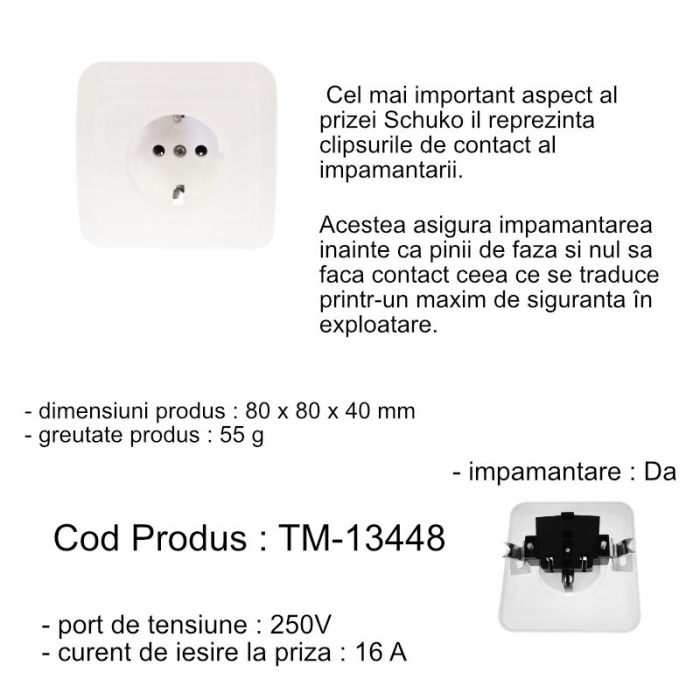 Priza schuko de perete 250V 16A, cu impamantare, dimensiuni 80 x 80 x 40 mm, alba [5]