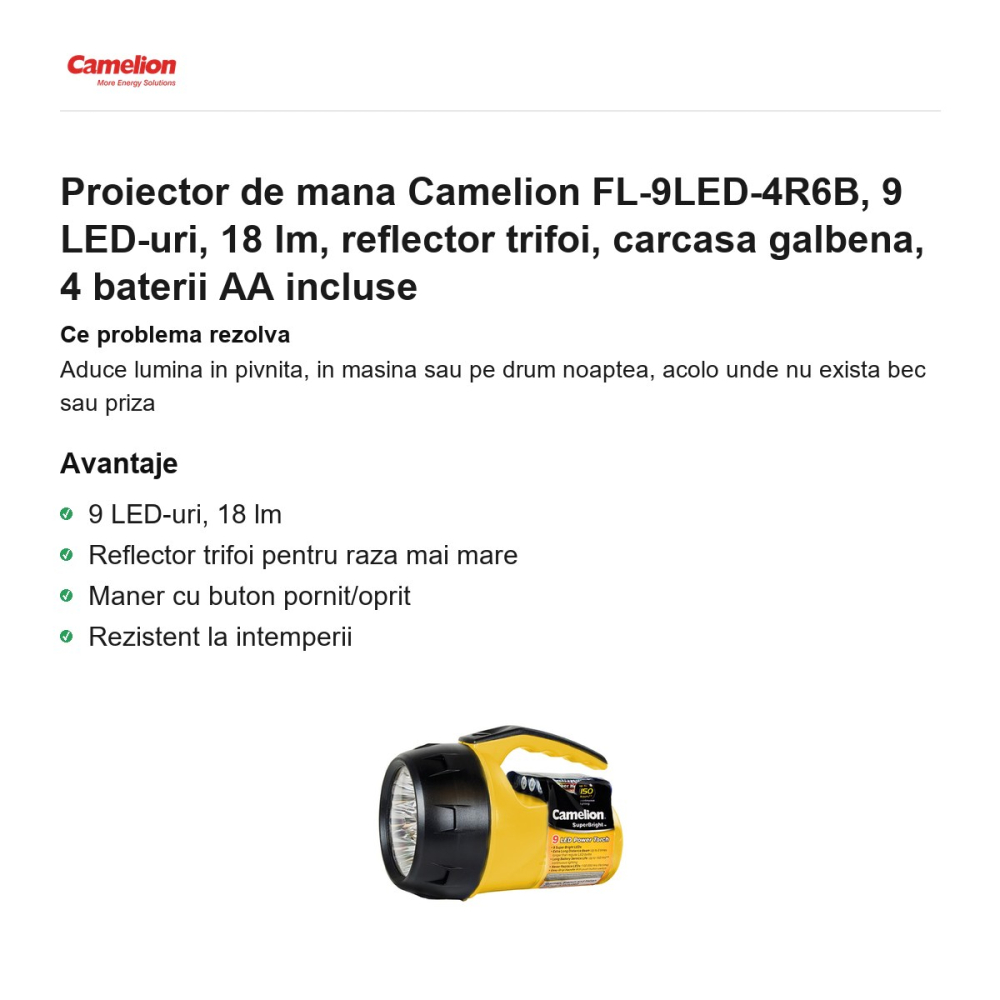 Proiector de mana Camelion FL-9LED-4R6B, 9 LED-uri, 18 lm, reflector trifoi, carcasa galbena, 4 baterii AA incluse [2]