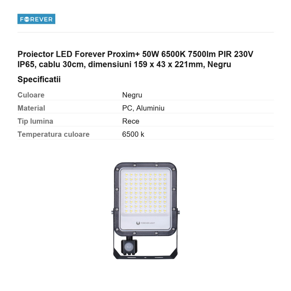Proiector LED Forever Proxim+ 50W 6500K 7500lm PIR 230V IP65, cablu 30cm, dimensiuni 159 x 43 x 221mm, Negru [3]