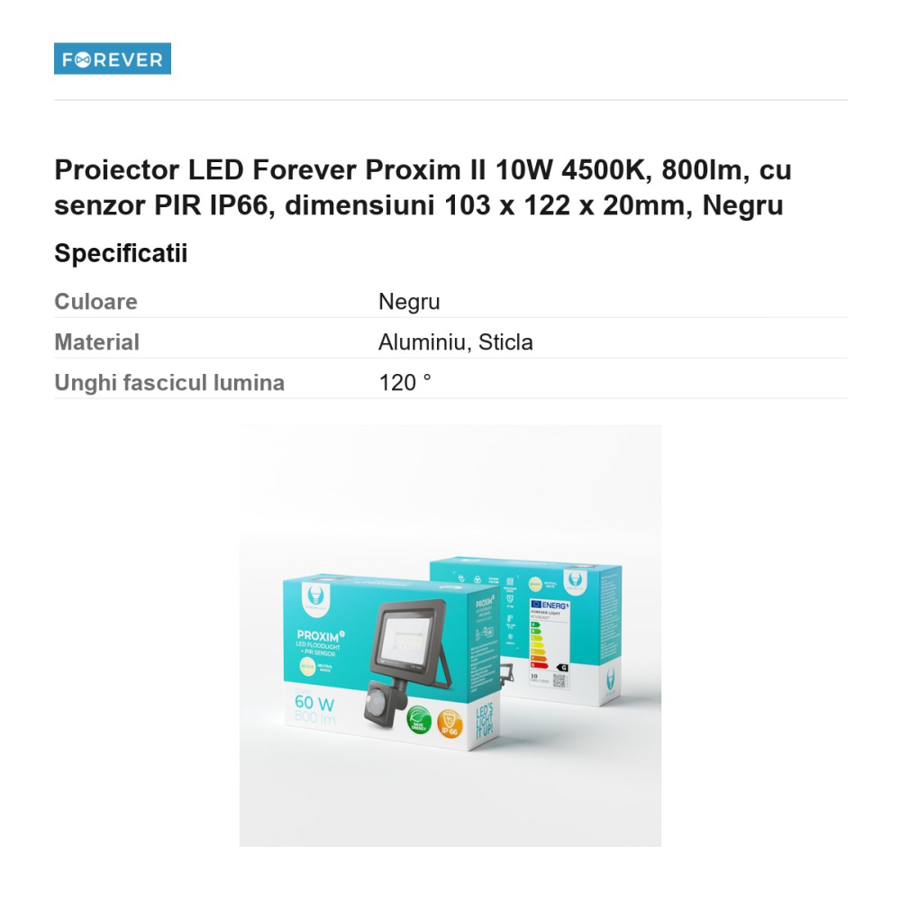 Proiector LED Forever Proxim II 10W 4500K, 800lm, cu senzor PIR IP66, dimensiuni 103 x 122 x 20mm, Negru [3]