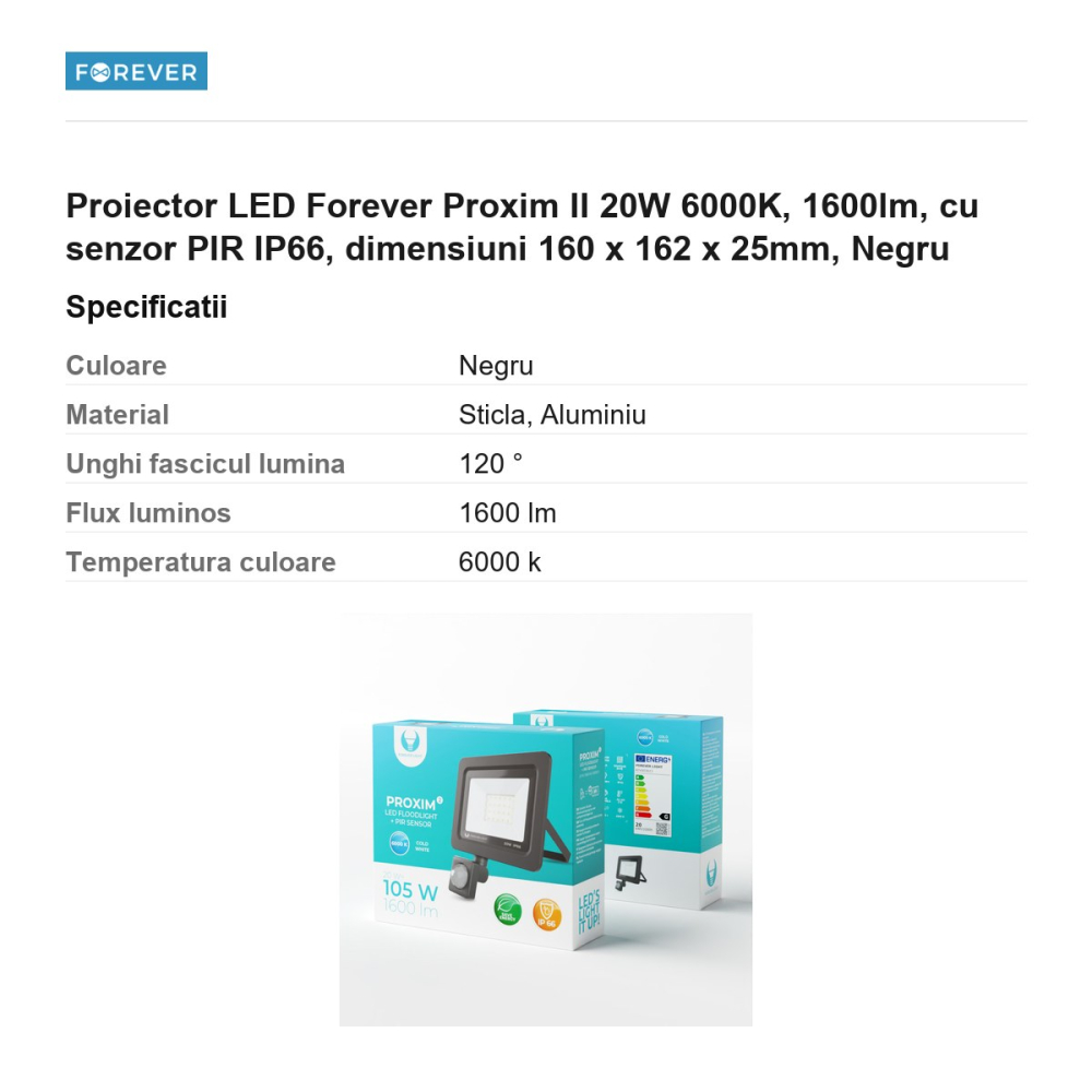 Proiector LED Forever Proxim II 20W 6000K, 1600lm, cu senzor PIR IP66, dimensiuni 160 x 162 x 25mm, Negru [3]