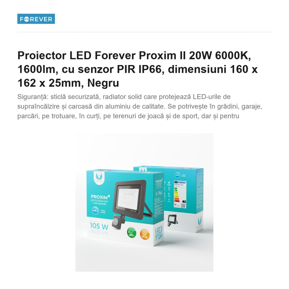 Proiector LED Forever Proxim II 20W 6000K, 1600lm, cu senzor PIR IP66, dimensiuni 160 x 162 x 25mm, Negru [2]