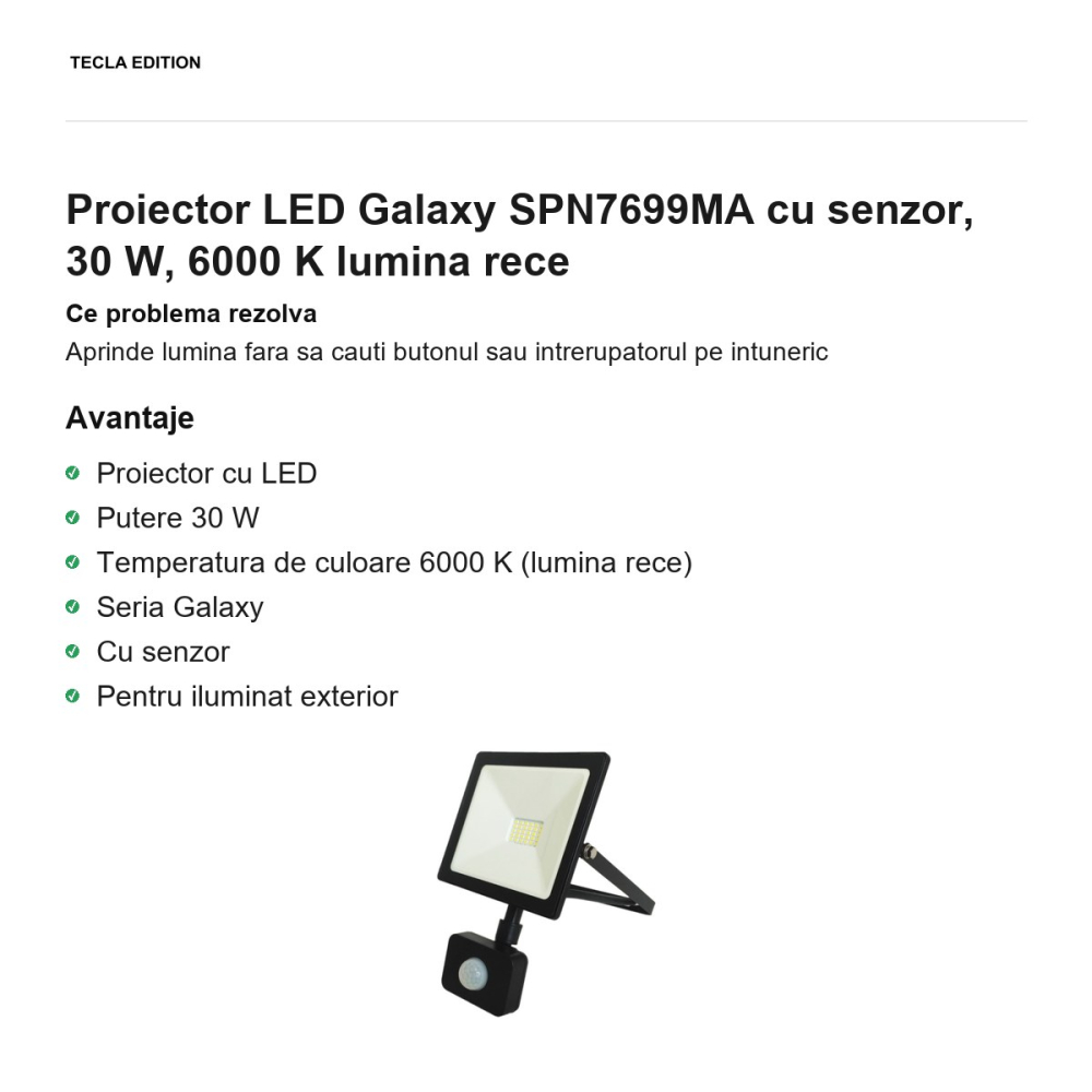 Proiector LED Galaxy SPN7699MA cu senzor, 30 W, 6000 K lumina rece [2]