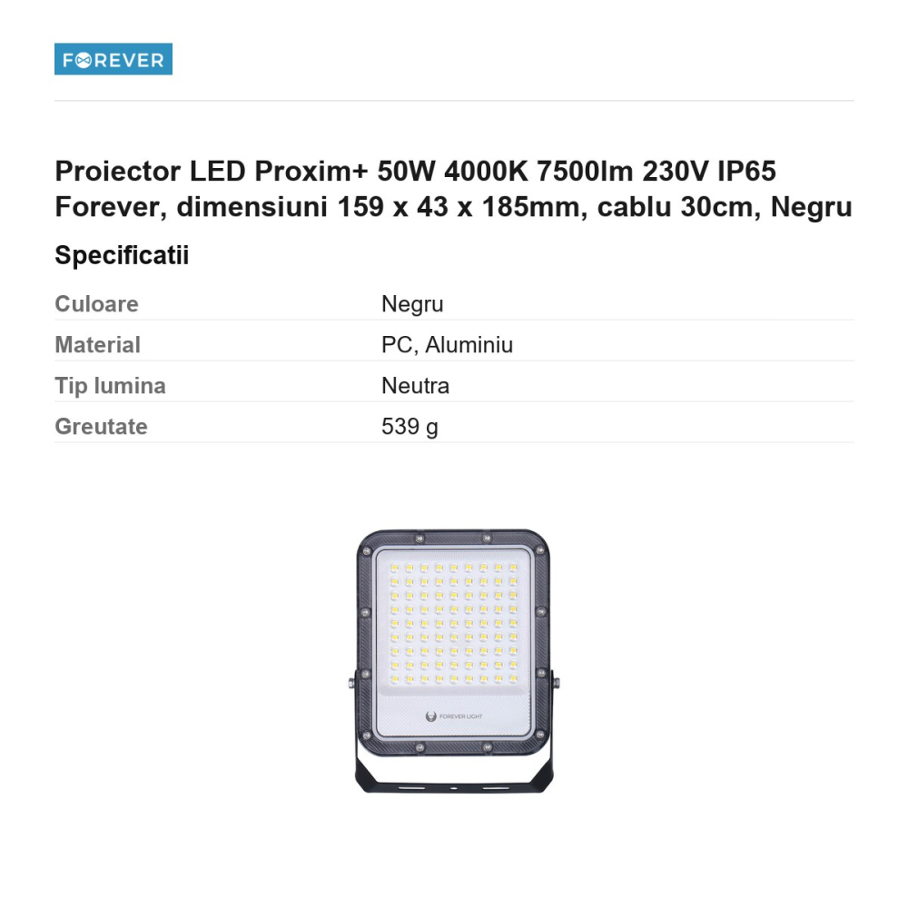 Proiector LED Proxim+ 50W 4000K 7500lm 230V IP65 Forever, dimensiuni 159 x 43 x 185mm, cablu 30cm, Negru [3]