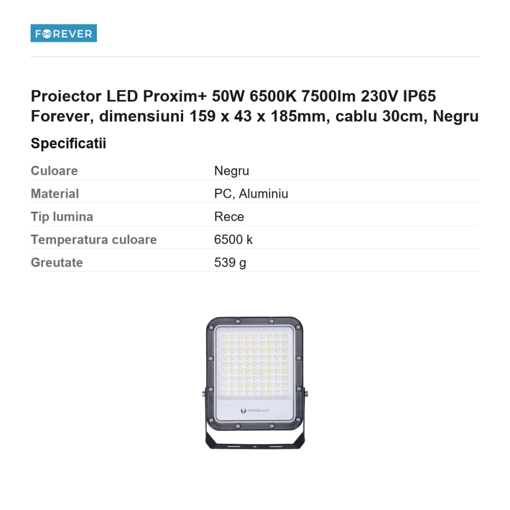 Proiector LED Proxim+ 50W 6500K 7500lm 230V IP65 Forever, dimensiuni 159 x 43 x 185mm, cablu 30cm, Negru [3]