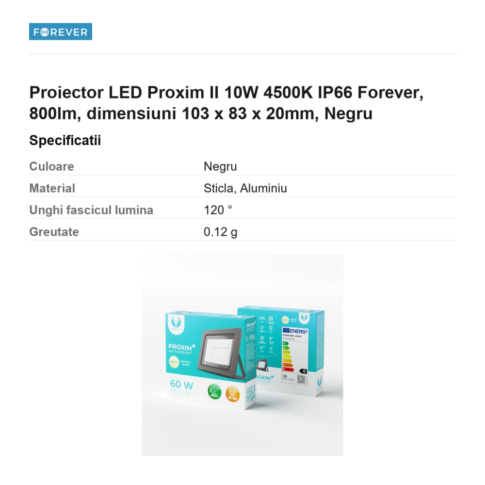 Proiector LED Proxim II 10W 4500K IP66 Forever, 800lm, dimensiuni 103 x 83 x 20mm, Negru [3]