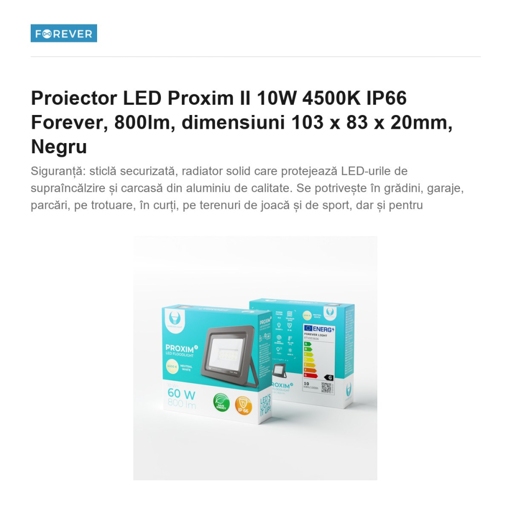 Proiector LED Proxim II 10W 4500K IP66 Forever, 800lm, dimensiuni 103 x 83 x 20mm, Negru [2]