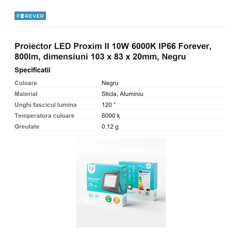 Proiector LED Proxim II 10W 6000K IP66 Forever, 800lm, dimensiuni 103 x 83 x 20mm, Negru [3]