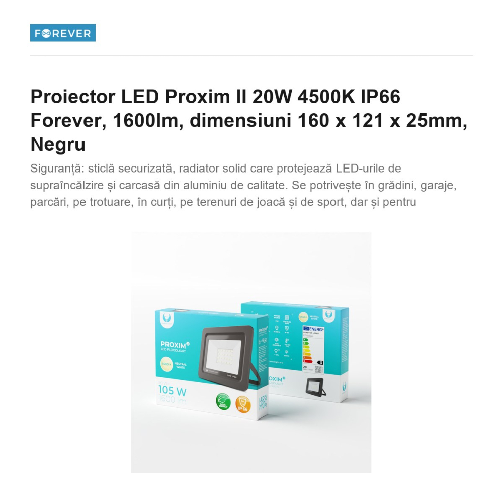Proiector LED Proxim II 20W 4500K IP66 Forever, 1600lm, dimensiuni 160 x 121 x 25mm, Negru [2]