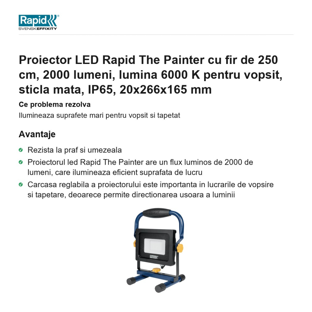 Proiector LED Rapid The Painter cu fir de 250 cm, 2000 lumeni, lumina 6000 K pentru vopsit, sticla mata, IP65, 20x266x165 mm [2]