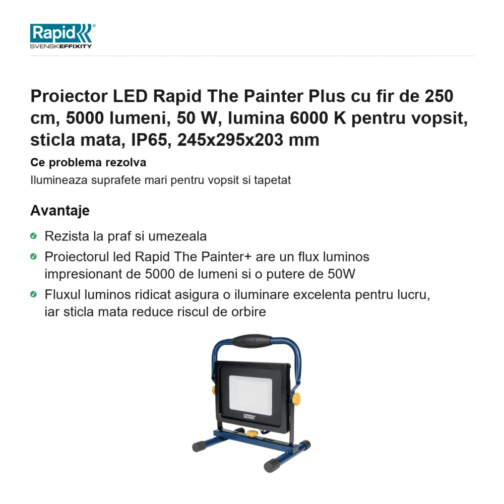 Proiector LED Rapid The Painter Plus cu fir de 250 cm, 5000 lumeni, 50 W, lumina 6000 K pentru vopsit, sticla mata, IP65, 245x295x203 mm [2]