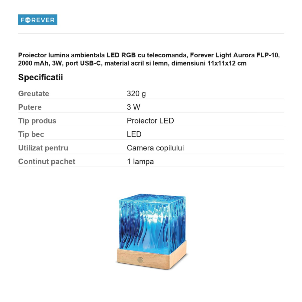 Proiector lumina ambientala LED RGB cu telecomanda, Forever Light Aurora FLP-10, 2000 mAh, 3W, port USB-C, material acril si lemn, dimensiuni 11x11x12 cm [3]