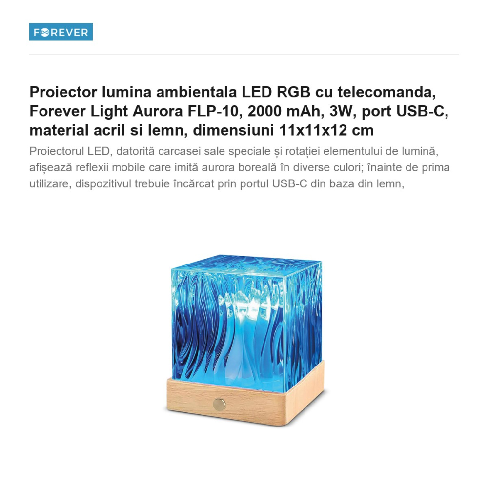 Proiector lumina ambientala LED RGB cu telecomanda, Forever Light Aurora FLP-10, 2000 mAh, 3W, port USB-C, material acril si lemn, dimensiuni 11x11x12 cm [2]