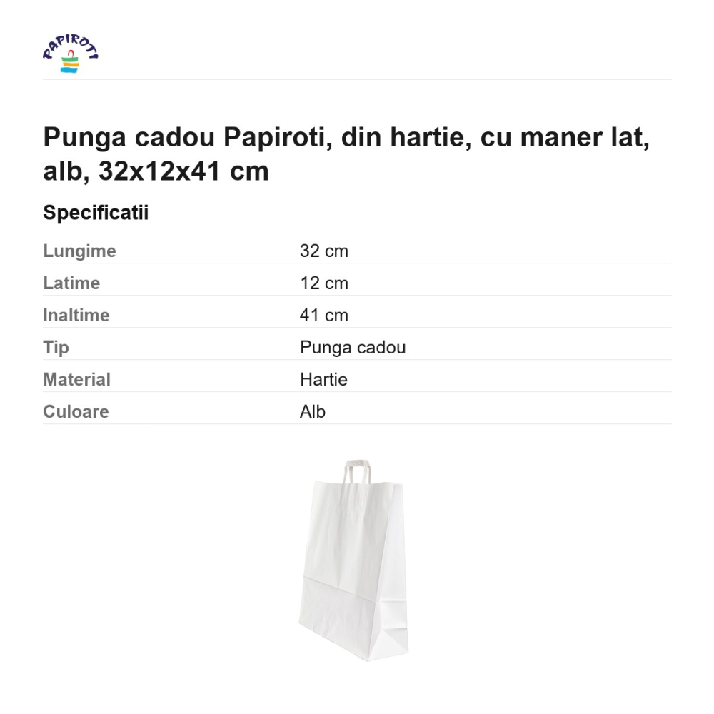 Punga cadou Papiroti, din hartie, cu maner lat, alb, 32x12x41 cm [3]