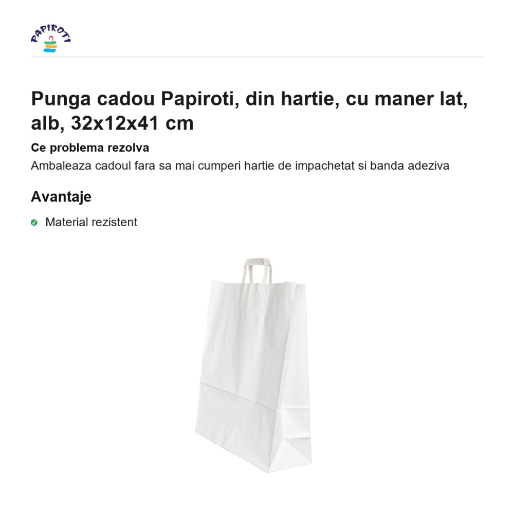 Punga cadou Papiroti, din hartie, cu maner lat, alb, 32x12x41 cm [2]