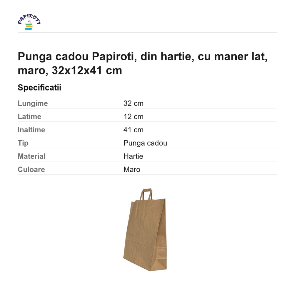 Punga cadou Papiroti, din hartie, cu maner lat, maro, 32x12x41 cm [3]