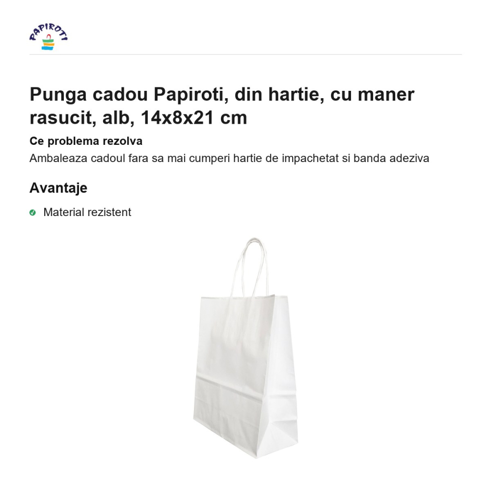 Punga cadou Papiroti, din hartie, cu maner rasucit, alb, 14x8x21 cm [2]
