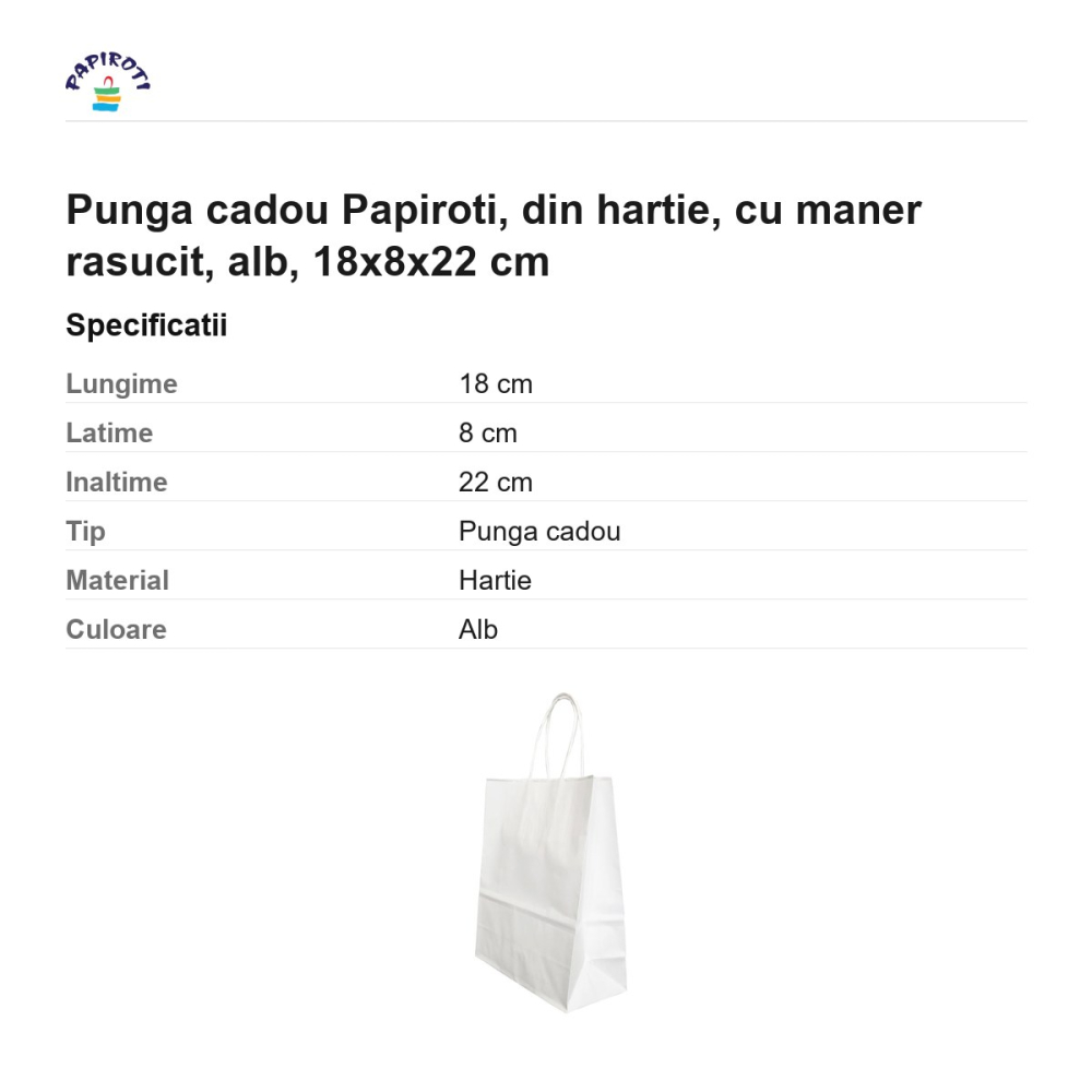 Punga cadou Papiroti, din hartie, cu maner rasucit, alb, 18x8x22 cm [3]