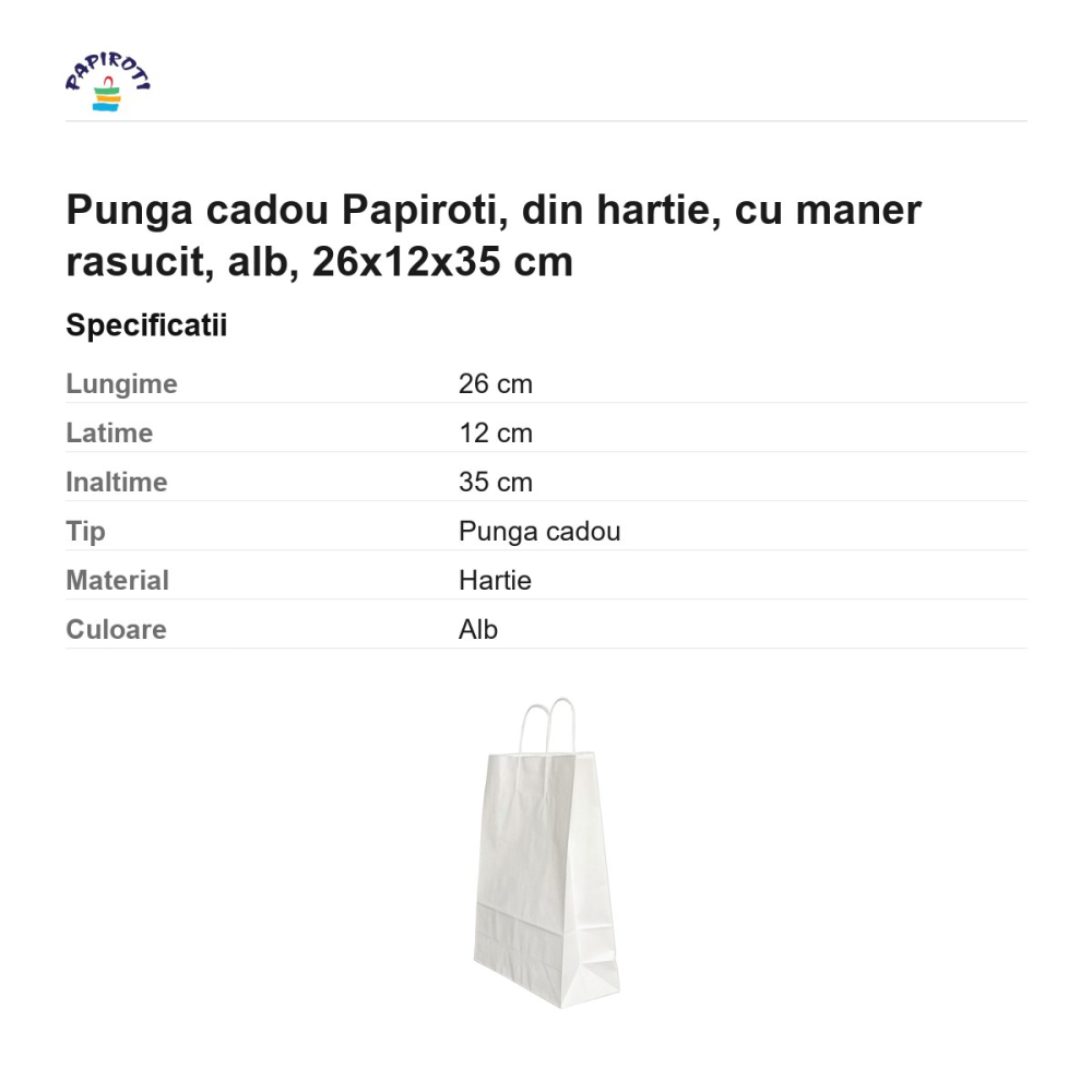 Punga cadou Papiroti, din hartie, cu maner rasucit, alb, 26x12x35 cm [3]