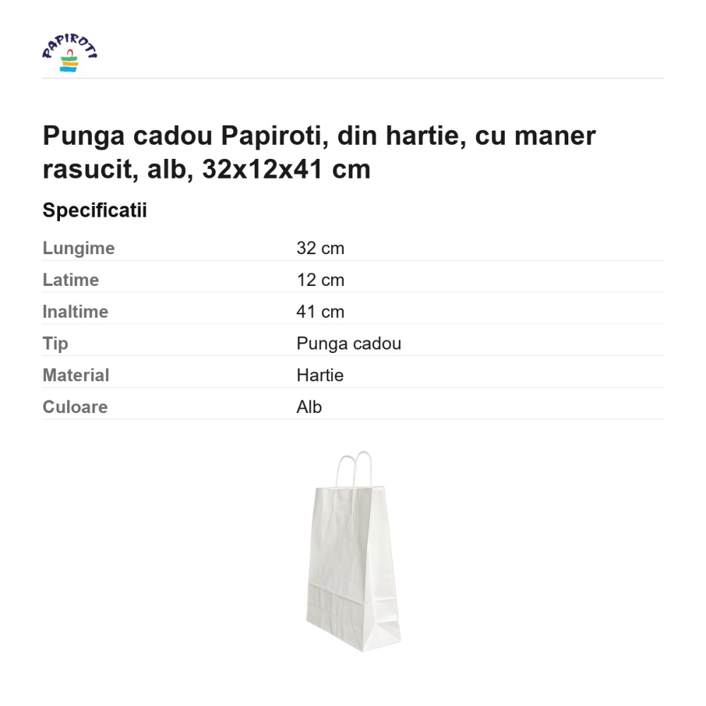 Punga cadou Papiroti, din hartie, cu maner rasucit, alb, 32x12x41 cm [3]