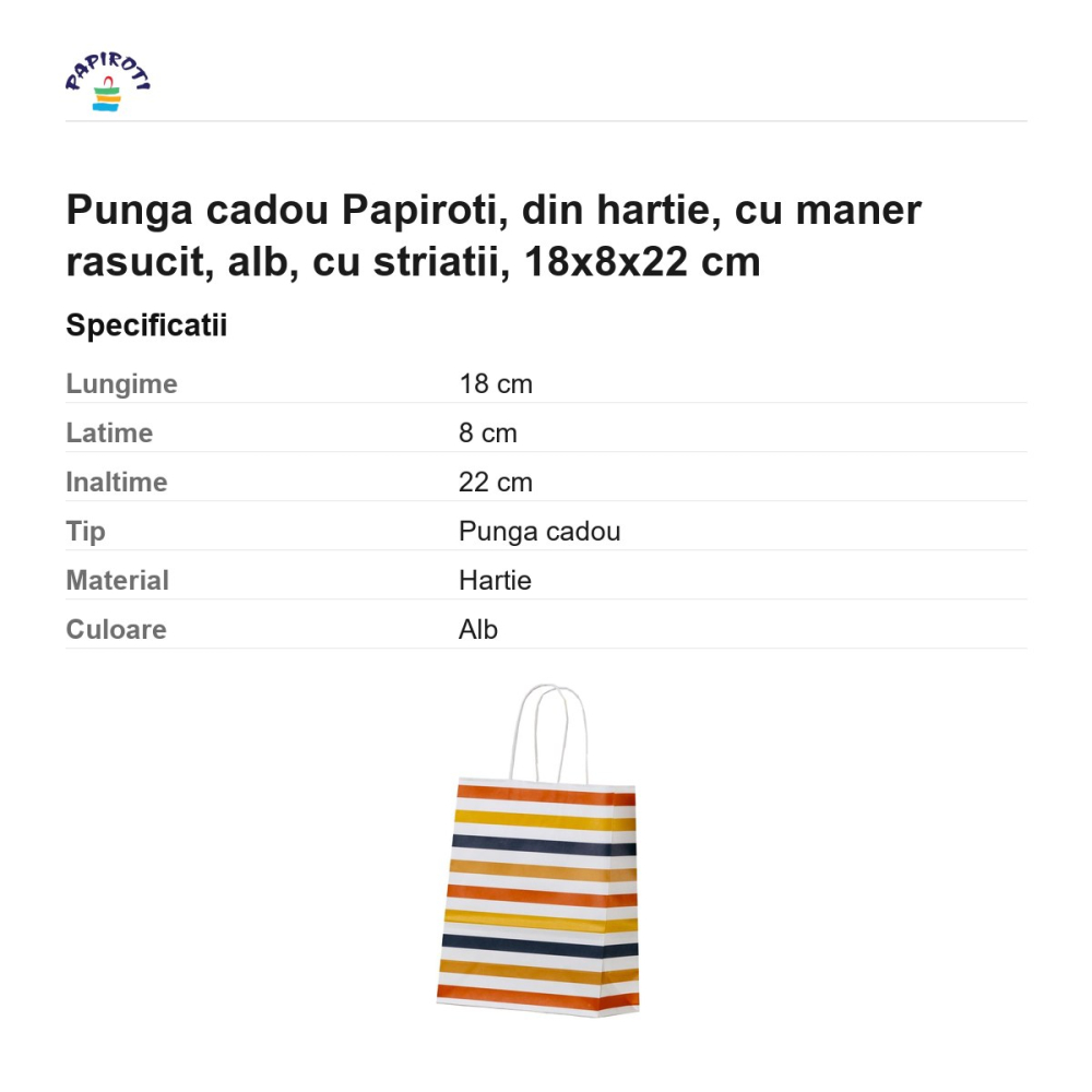 Punga cadou Papiroti, din hartie, cu maner rasucit, alb, cu striatii, 18x8x22 cm [3]