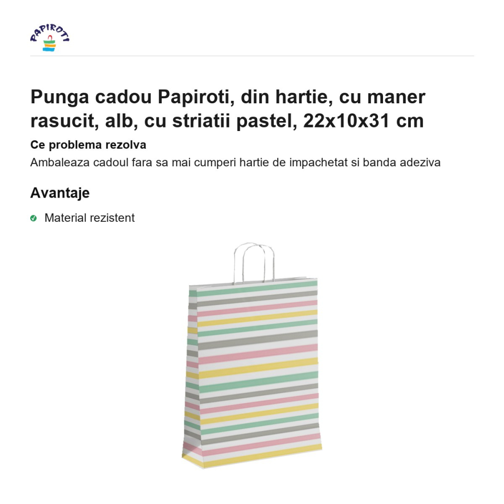 Punga cadou Papiroti, din hartie, cu maner rasucit, alb, cu striatii pastel, 22x10x31 cm [2]