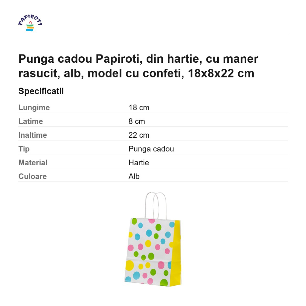 Punga cadou Papiroti, din hartie, cu maner rasucit, alb, model cu confeti, 18x8x22 cm [3]