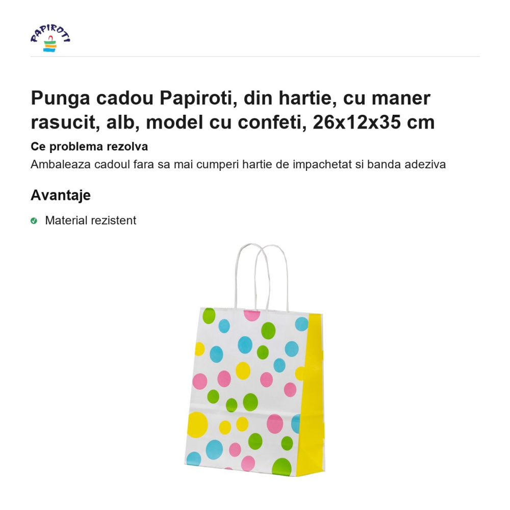 Punga cadou Papiroti, din hartie, cu maner rasucit, alb, model cu confeti, 26x12x35 cm [2]