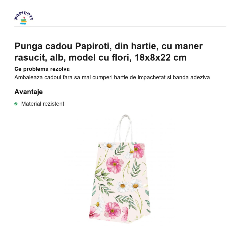 Punga cadou Papiroti, din hartie, cu maner rasucit, alb, model cu flori, 18x8x22 cm [2]