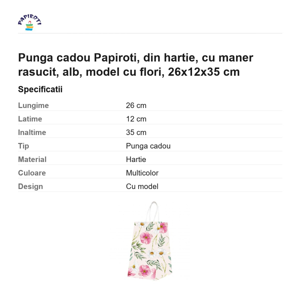 Punga cadou Papiroti, din hartie, cu maner rasucit, alb, model cu flori, 26x12x35 cm [3]