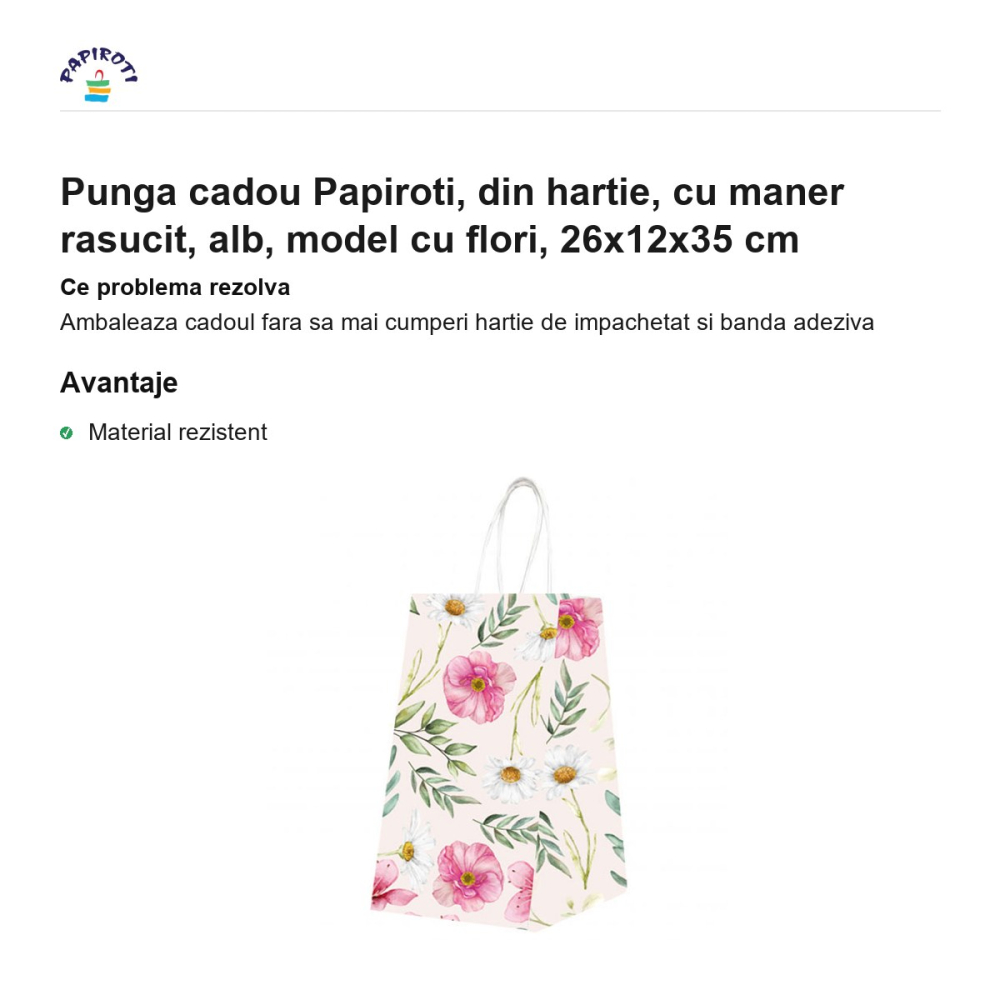 Punga cadou Papiroti, din hartie, cu maner rasucit, alb, model cu flori, 26x12x35 cm [2]