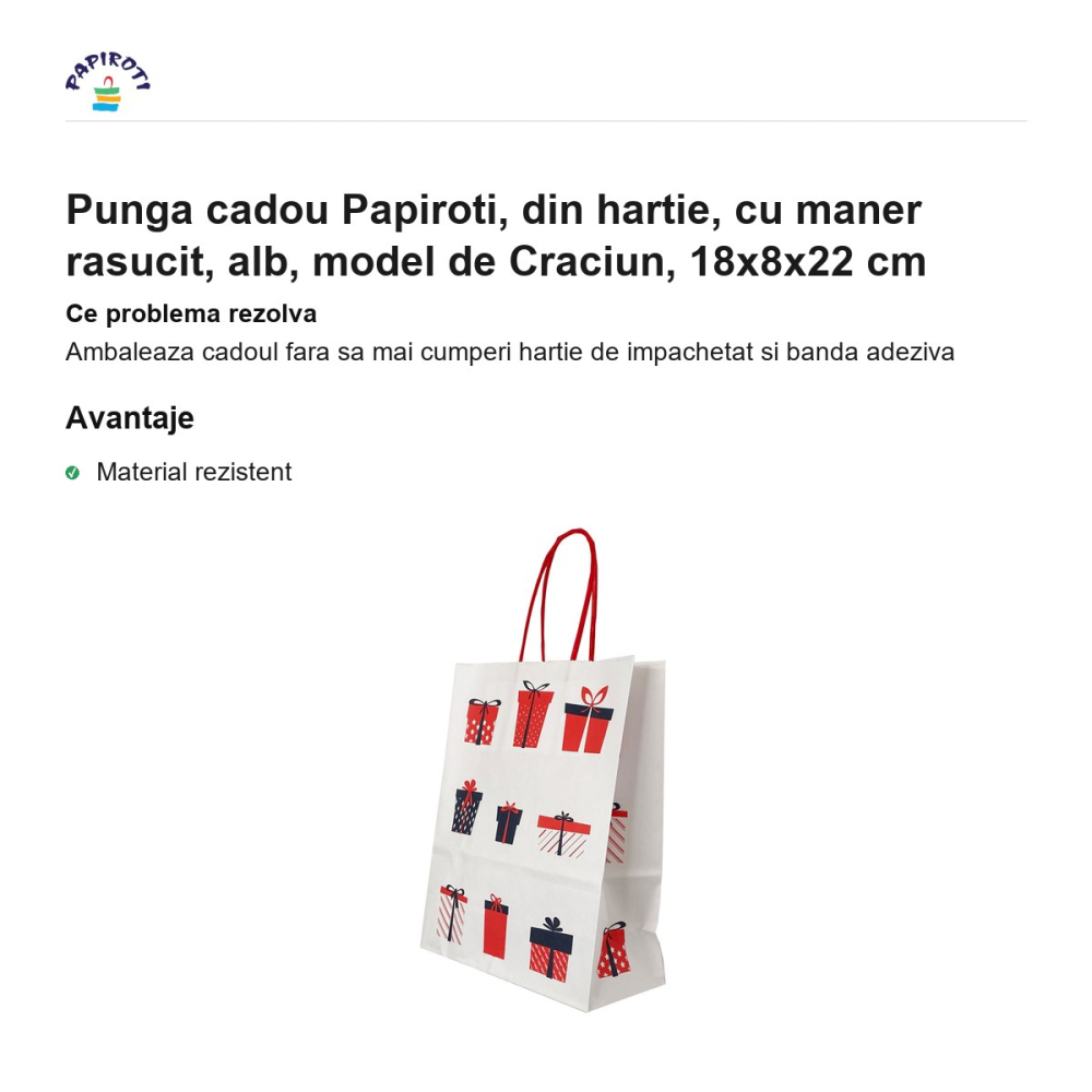 Punga cadou Papiroti, din hartie, cu maner rasucit, alb, model de Craciun, 18x8x22 cm [2]