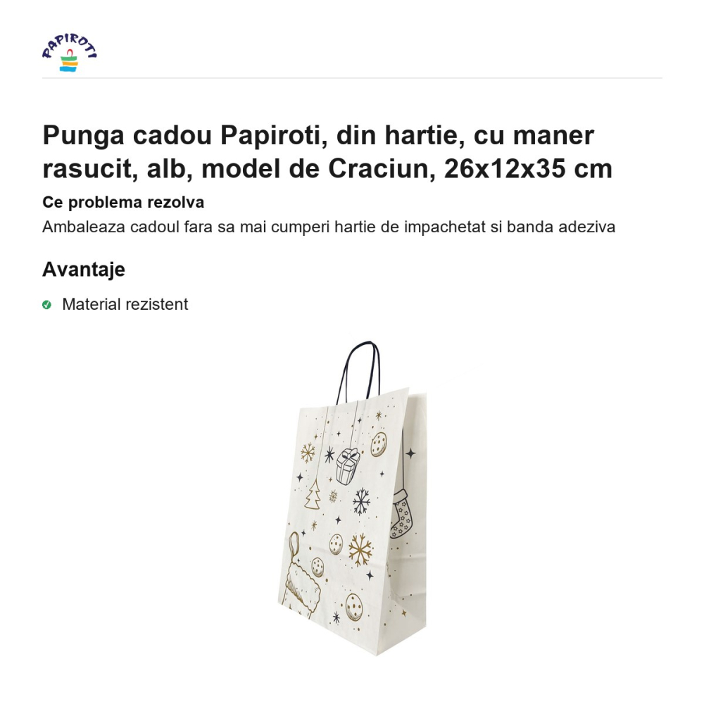 Punga cadou Papiroti, din hartie, cu maner rasucit, alb, model de Craciun, 26x12x35 cm [2]