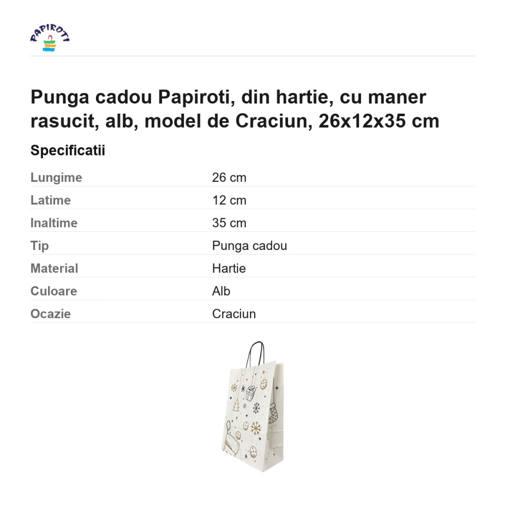 Punga cadou Papiroti, din hartie, cu maner rasucit, alb, model de Craciun, 26x12x35 cm [3]