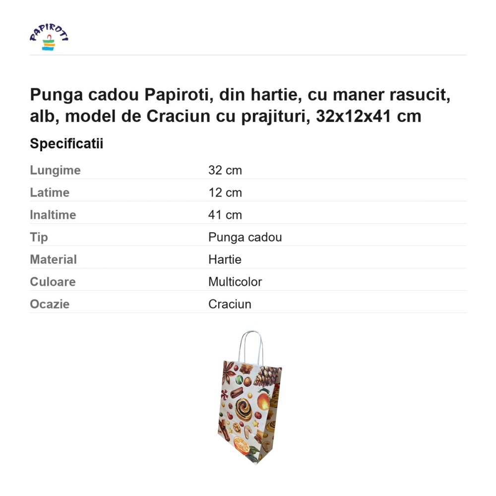 Punga cadou Papiroti, din hartie, cu maner rasucit, alb, model de Craciun cu prajituri, 32x12x41 cm [3]