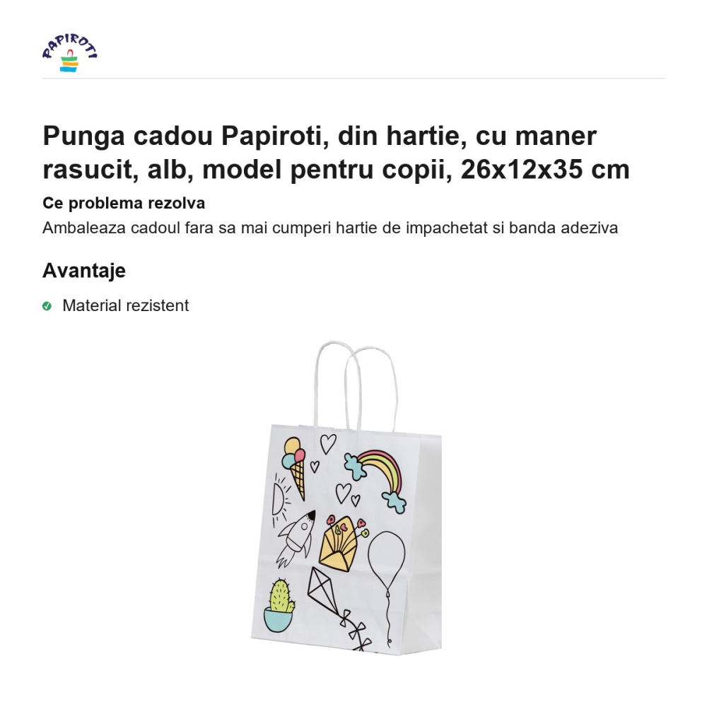 Punga cadou Papiroti, din hartie, cu maner rasucit, alb, model pentru copii, 26x12x35 cm [2]