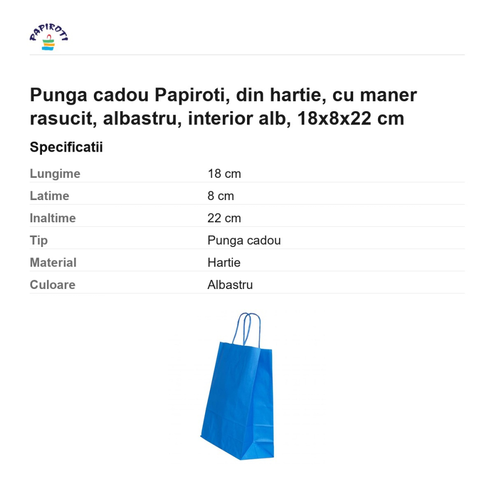 Punga cadou Papiroti, din hartie, cu maner rasucit, albastru, interior alb, 18x8x22 cm [3]