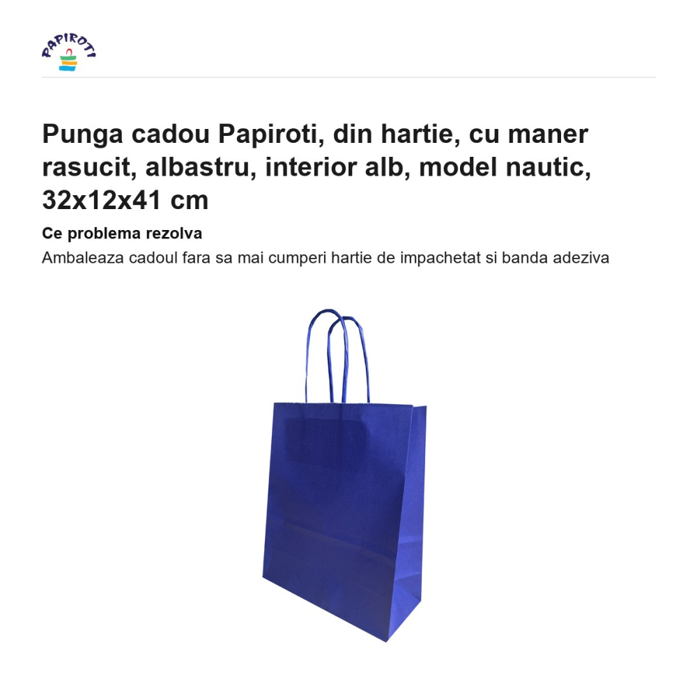 Punga cadou Papiroti, din hartie, cu maner rasucit, albastru, interior alb, model nautic, 32x12x41 cm [2]