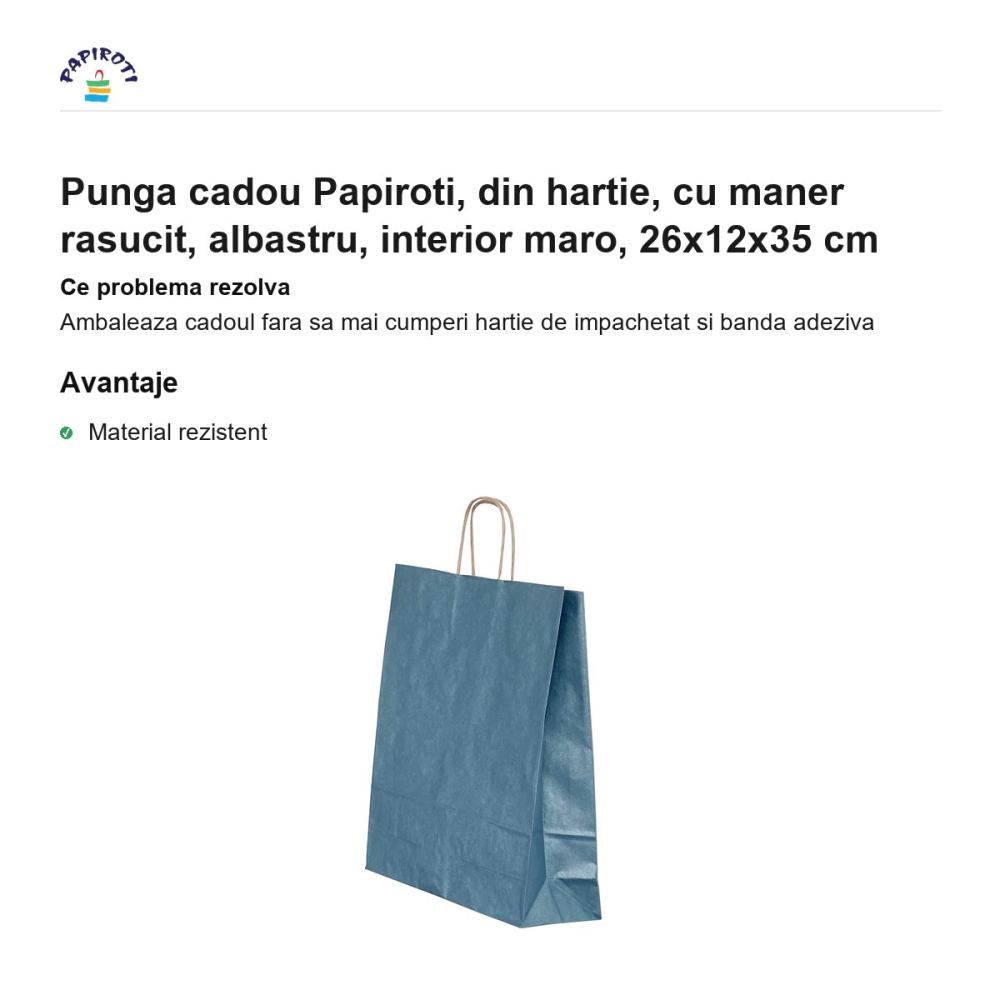Punga cadou Papiroti, din hartie, cu maner rasucit, albastru, interior maro, 26x12x35 cm [2]