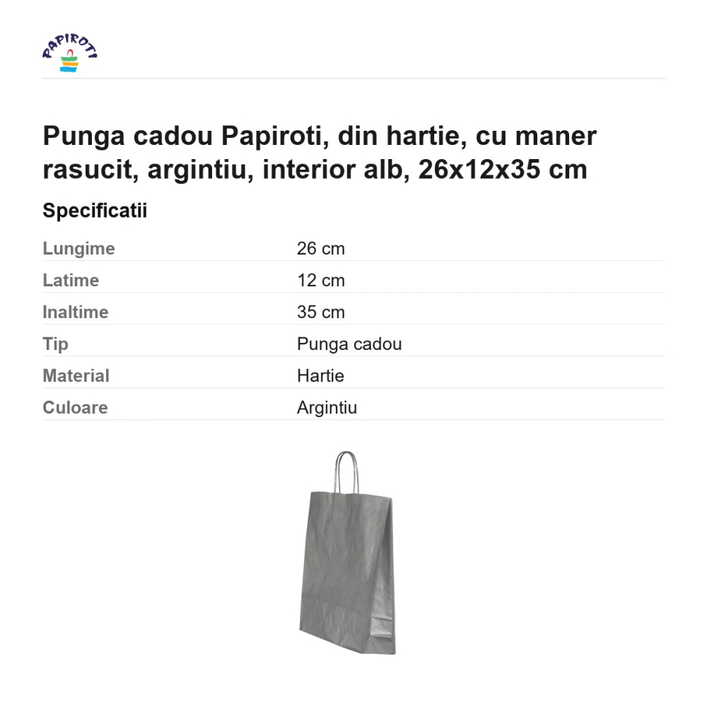 Punga cadou Papiroti, din hartie, cu maner rasucit, argintiu, interior alb, 26x12x35 cm [3]