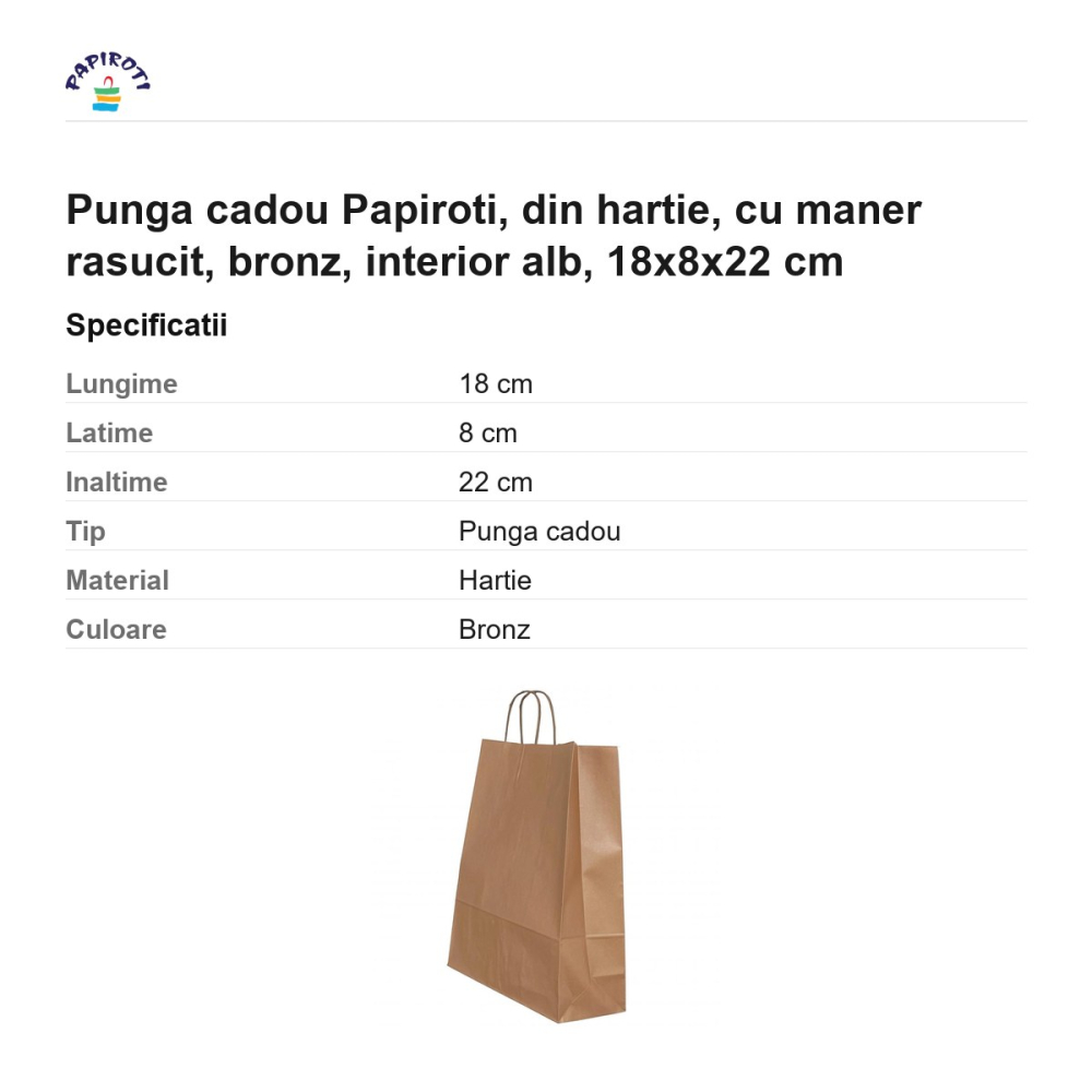 Punga cadou Papiroti, din hartie, cu maner rasucit, bronz, interior alb, 18x8x22 cm [3]