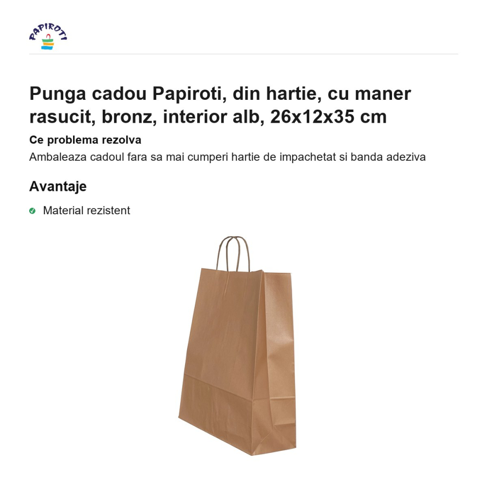 Punga cadou Papiroti, din hartie, cu maner rasucit, bronz, interior alb, 26x12x35 cm [2]