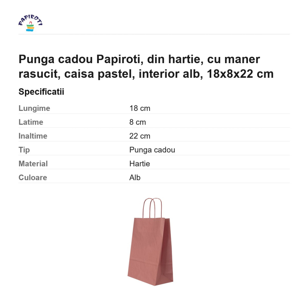 Punga cadou Papiroti, din hartie, cu maner rasucit, caisa pastel, interior alb, 18x8x22 cm [3]