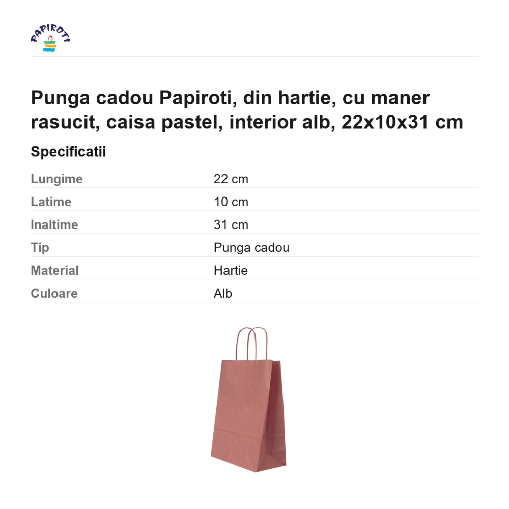 Punga cadou Papiroti, din hartie, cu maner rasucit, caisa pastel, interior alb, 22x10x31 cm [3]