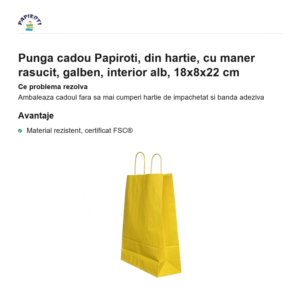 Punga cadou Papiroti, din hartie, cu maner rasucit, galben, interior alb, 18x8x22 cm [2]