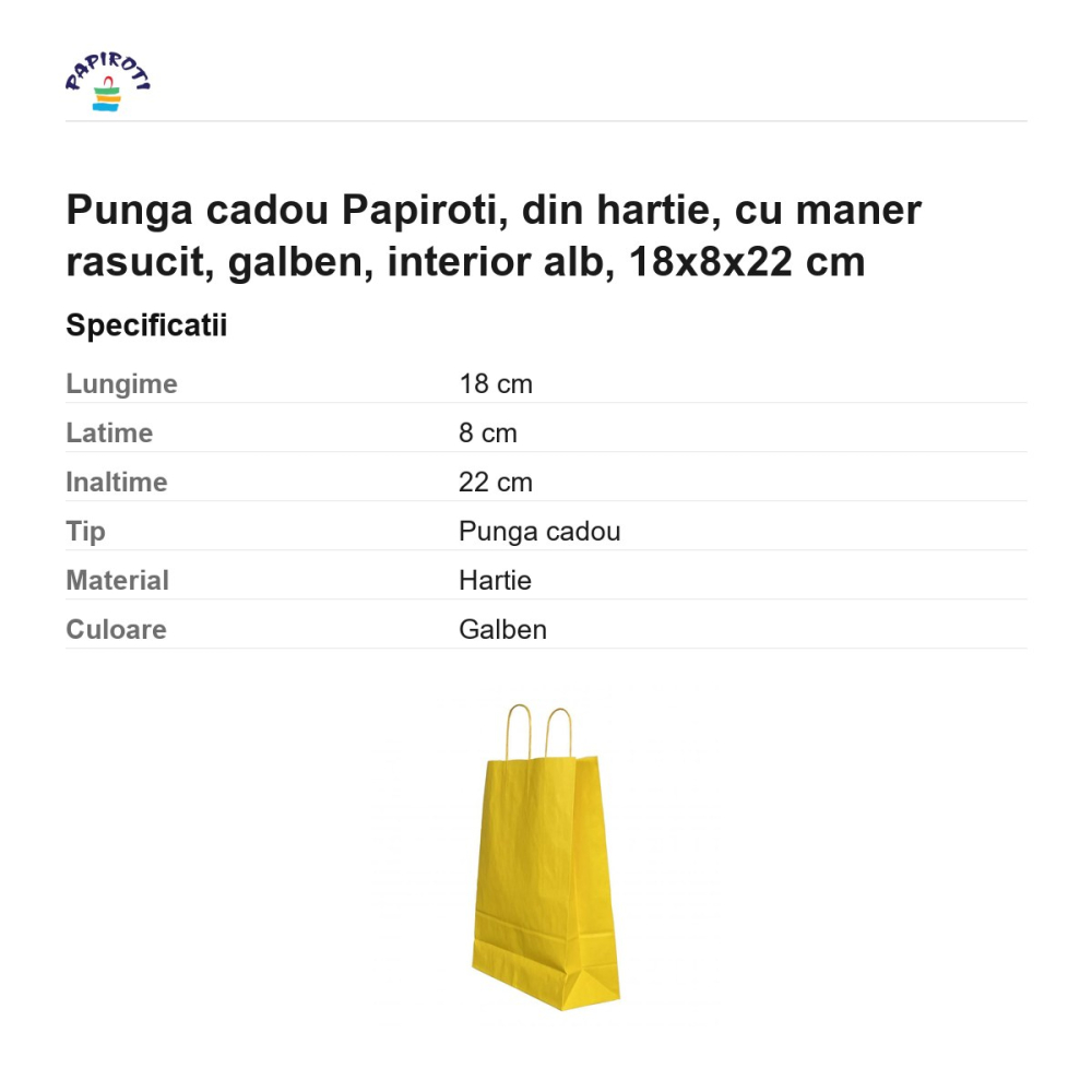 Punga cadou Papiroti, din hartie, cu maner rasucit, galben, interior alb, 18x8x22 cm [3]