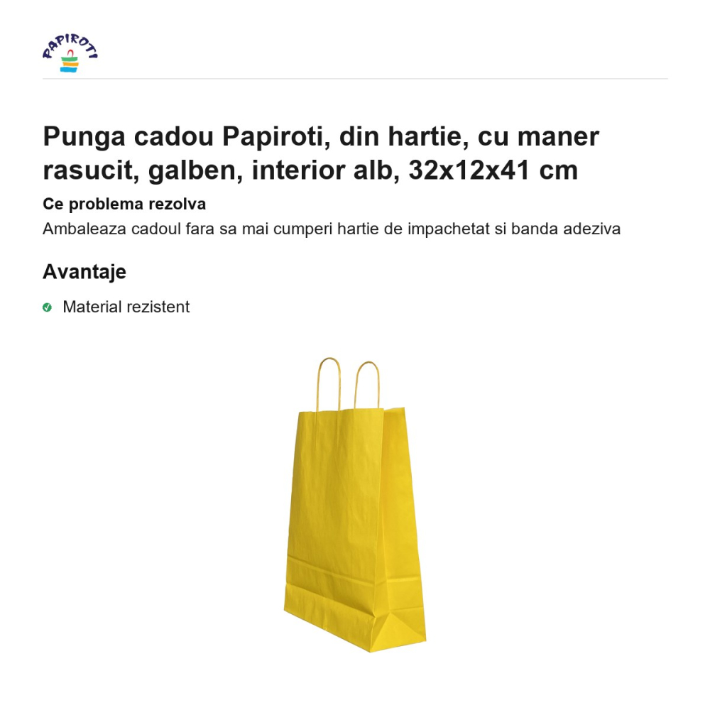 Punga cadou Papiroti, din hartie, cu maner rasucit, galben, interior alb, 32x12x41 cm [2]