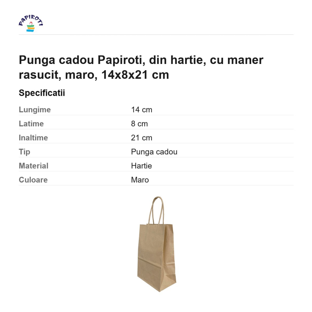 Punga cadou Papiroti, din hartie, cu maner rasucit, maro, 14x8x21 cm [3]