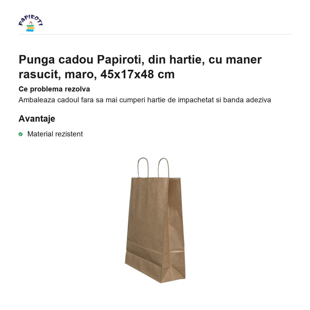 Punga cadou Papiroti, din hartie, cu maner rasucit, maro, 45x17x48 cm [2]