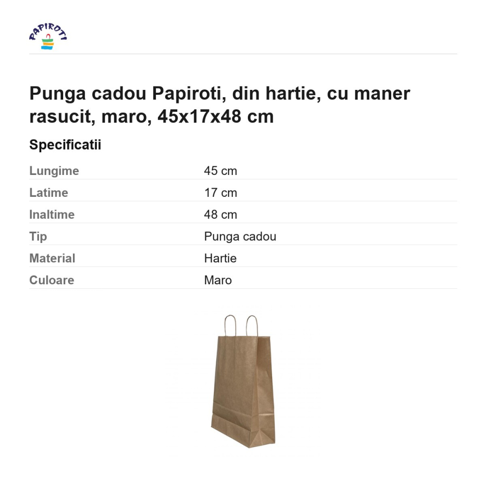 Punga cadou Papiroti, din hartie, cu maner rasucit, maro, 45x17x48 cm [3]